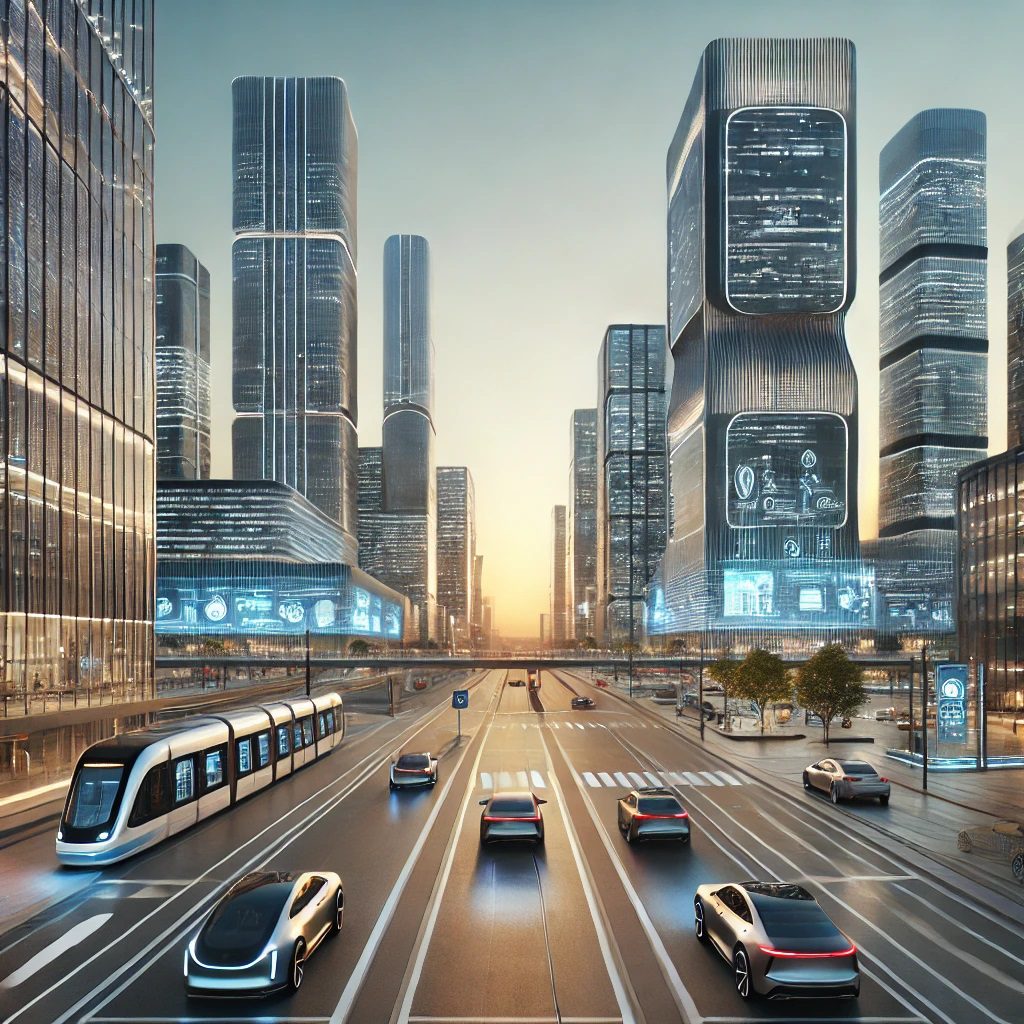 Futuristic cityscape with modern buildings and vehicles.