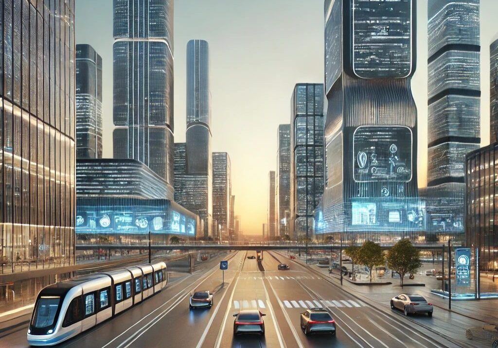 Futuristic cityscape with modern buildings and vehicles.